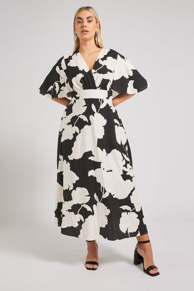 Yours London Curve Black Floral Print Linen Look Wrap Midaxi Dress