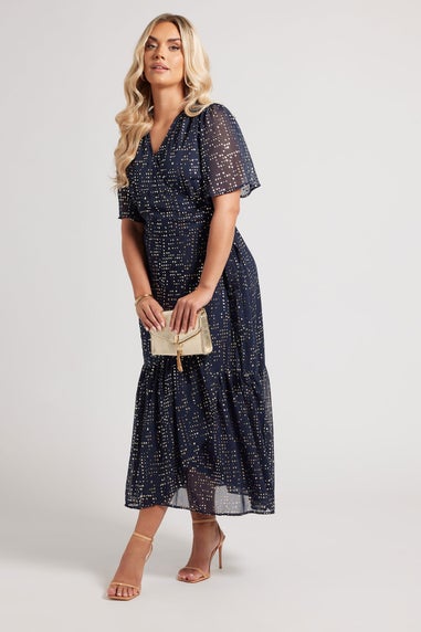 Yours London Curve Navy Blue Metallic Dot Wrap Dress