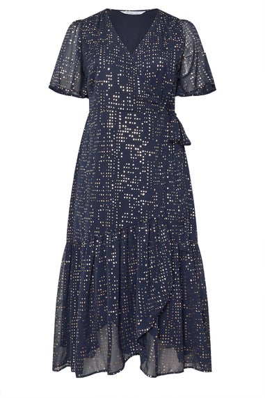 Yours London Curve Navy Blue Metallic Dot Wrap Dress
