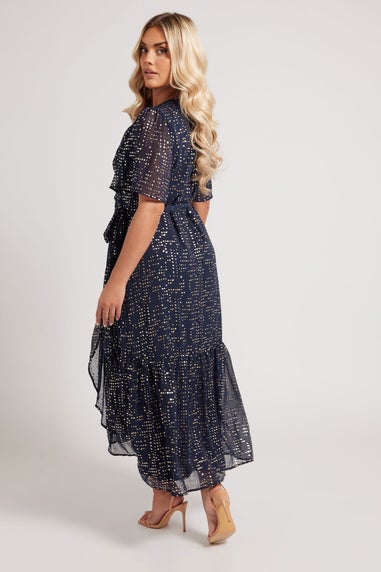 Yours London Curve Navy Blue Metallic Dot Wrap Dress