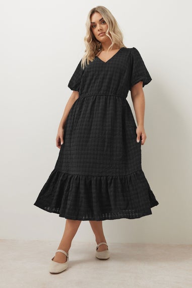 Yours Curve Black Textured Tiered Midi Dress