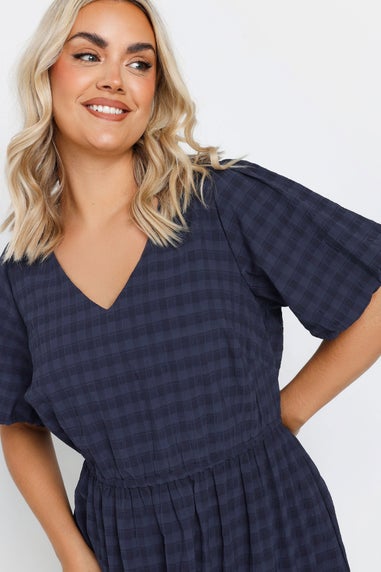 Yours Curve Navy Blue Textured Check Midi Dress