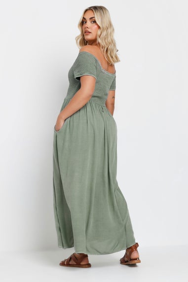 Yours Curve Sage Green Shirred Bardot Chambray Maxi Dress