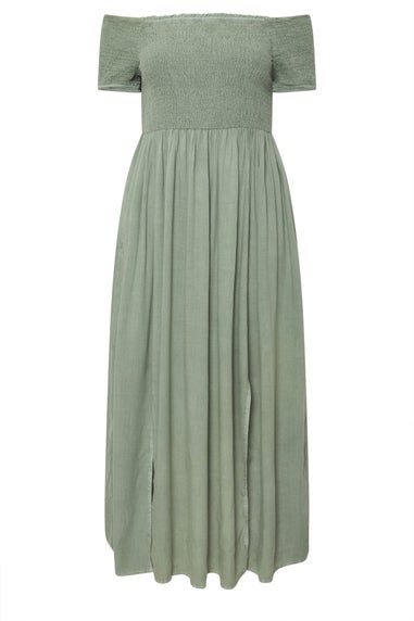 Yours Curve Sage Green Shirred Bardot Chambray Maxi Dress