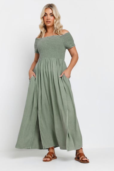 Yours Curve Sage Green Shirred Bardot Chambray Maxi Dress