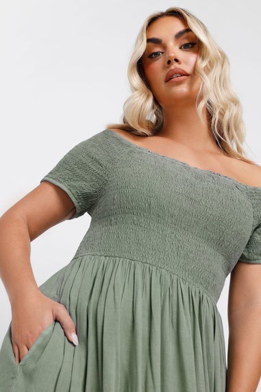 Yours Curve Sage Green Shirred Bardot Chambray Maxi Dress