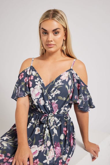 Yours London Curve Navy Blue Floral Cold Shoulder Wrap Dress