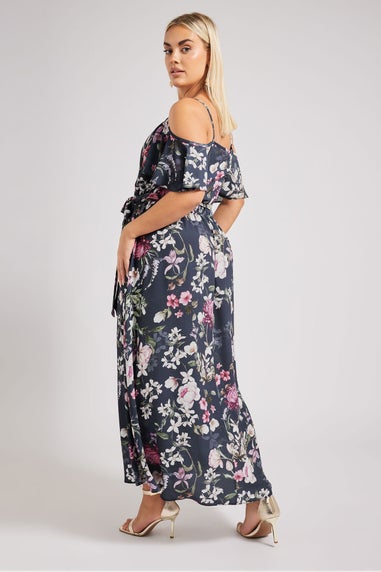 Yours London Curve Navy Blue Floral Cold Shoulder Wrap Dress