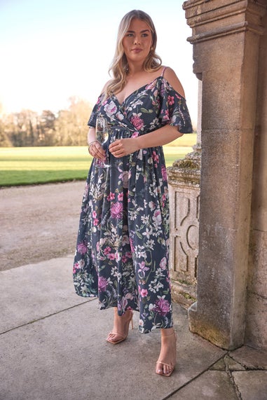 Yours London Curve Navy Blue Floral Cold Shoulder Wrap Dress