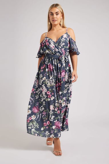 Yours London Curve Navy Blue Floral Cold Shoulder Wrap Dress
