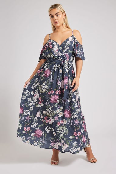Yours London Curve Navy Blue Floral Cold Shoulder Wrap Dress