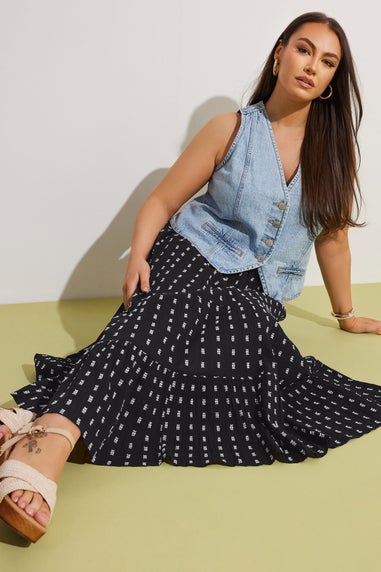 Yours Curve Black & White Dobby Tiered Maxi Skirt