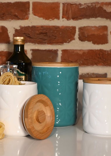 Beau & Elliot Teal Carnaby Large Porcelain Embossed Jar with Bamboo Lid