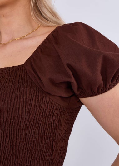 Gini London Brown Puff Sleeve Shirred Cotton Top