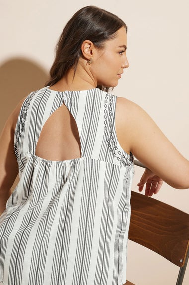 Yours Curve White Stripe Embroidered Linen Vest Top