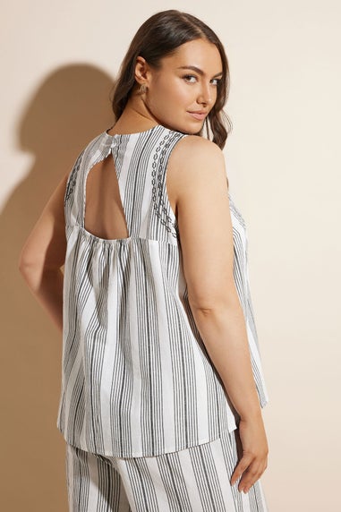 Yours Curve White Stripe Embroidered Linen Vest Top