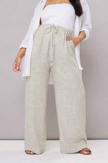 Yours Curve White Striped Linen Tie Front Trousers