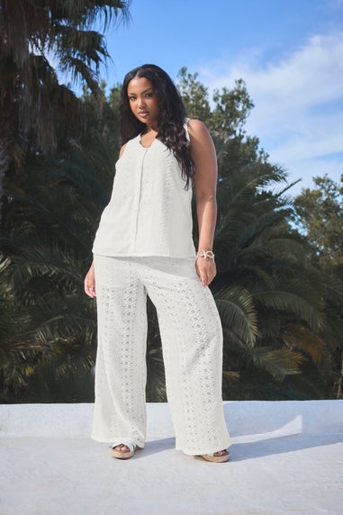 Yours Curve White Broderie Anglaise Wide Leg Trousers