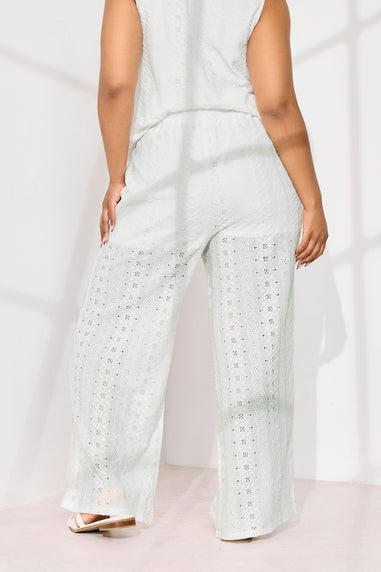 Yours Curve White Broderie Anglaise Wide Leg Trousers