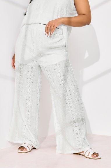 Yours Curve White Broderie Anglaise Wide Leg Trousers