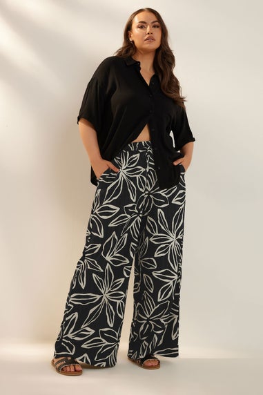 Yours Curve Black & White Floral Print Textured Wide Leg Trousers