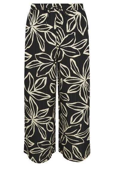 Yours Curve Black & White Floral Print Textured Wide Leg Trousers