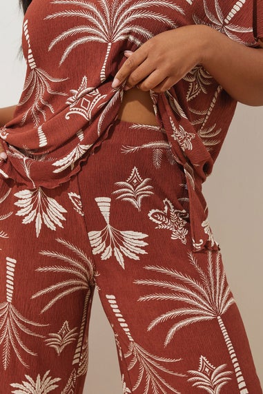 Yours Curve Brown Palm Print Plisse Wide Leg Trousers