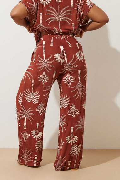 Yours Curve Brown Palm Print Plisse Wide Leg Trousers