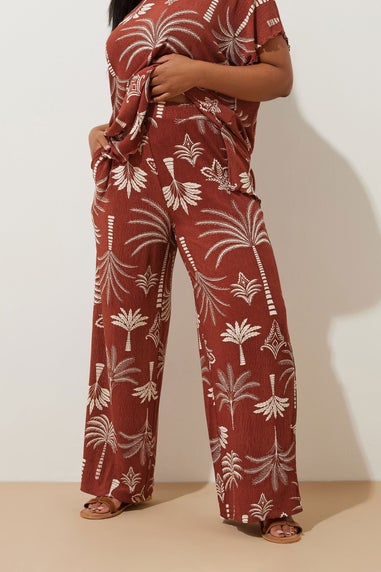 Yours Curve Brown Palm Print Plisse Wide Leg Trousers
