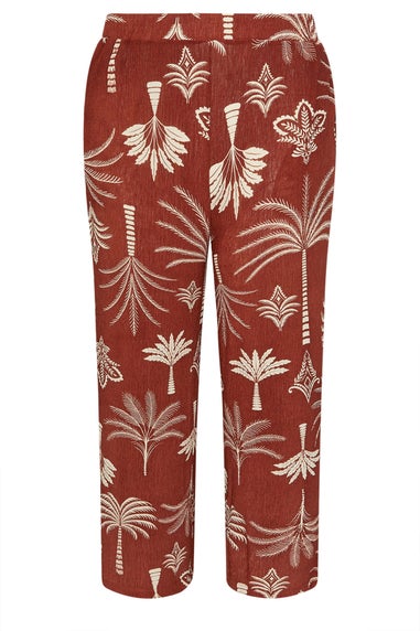 Yours Curve Brown Palm Print Plisse Wide Leg Trousers
