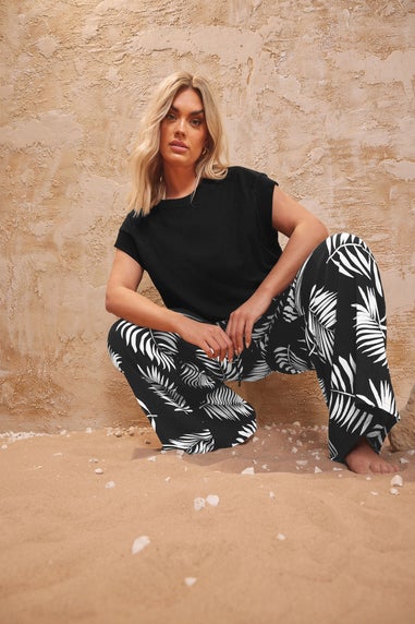 Yours Curve Black & White Palm Print Crinkle Wide Leg Trousers