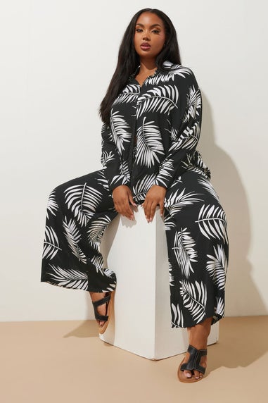 Yours Curve Black & White Palm Print Crinkle Wide Leg Trousers
