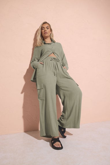 Yours Curve Khaki Green Linen Cargo Trousers