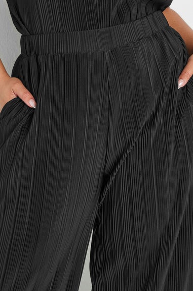 Yours Curve Black Plisse Wide Leg Trousers
