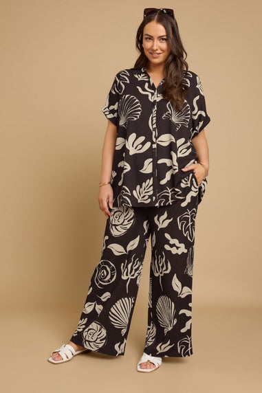 Yours Curve Brown Seashell Print Textured Wide Leg Trousers