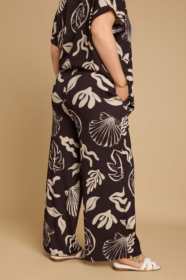 Yours Curve Brown Seashell Print Textured Wide Leg Trousers