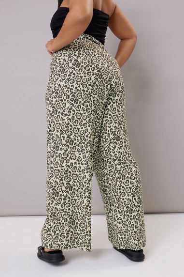 Yours Curve Brown Leopard Print Linen Tie Front Trousers