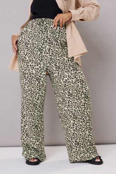 Yours Curve Brown Leopard Print Linen Tie Front Trousers