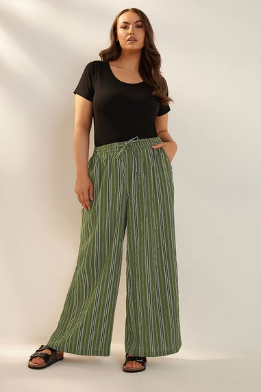 Yours Curve Green Stripe Textured Wide Leg Trousers