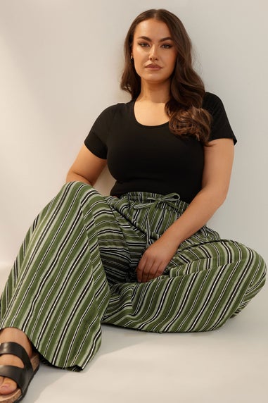 Yours Curve Green Stripe Textured Wide Leg Trousers
