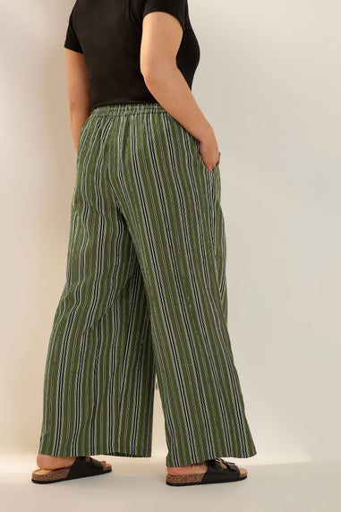 Yours Curve Green Stripe Textured Wide Leg Trousers