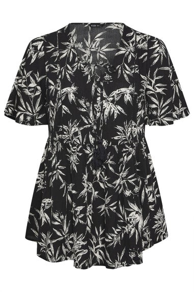 Yours Curve Black & White Palm Print Tie Neck Top