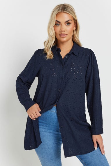 Yours Curve Navy Blue Broderie Anglaise Long Sleeve Shirt