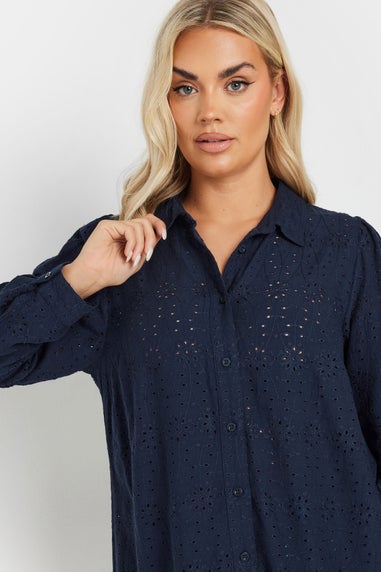 Yours Curve Navy Blue Broderie Anglaise Long Sleeve Shirt