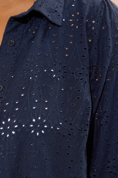 Yours Curve Navy Blue Broderie Anglaise Long Sleeve Shirt