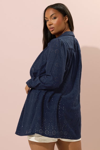 Yours Curve Navy Blue Broderie Anglaise Long Sleeve Shirt