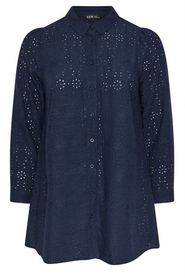 Yours Curve Navy Blue Broderie Anglaise Long Sleeve Shirt