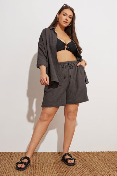 Yours Curve Chocolate Brown Textured Long Sleeve Shirt