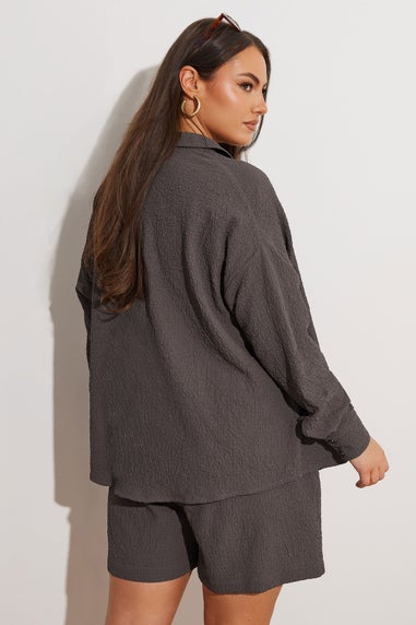 Yours Curve Chocolate Brown Textured Long Sleeve Shirt