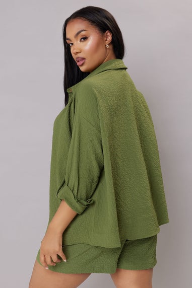 Yours Curve Khaki Green Textured Long Sleeve Shirt